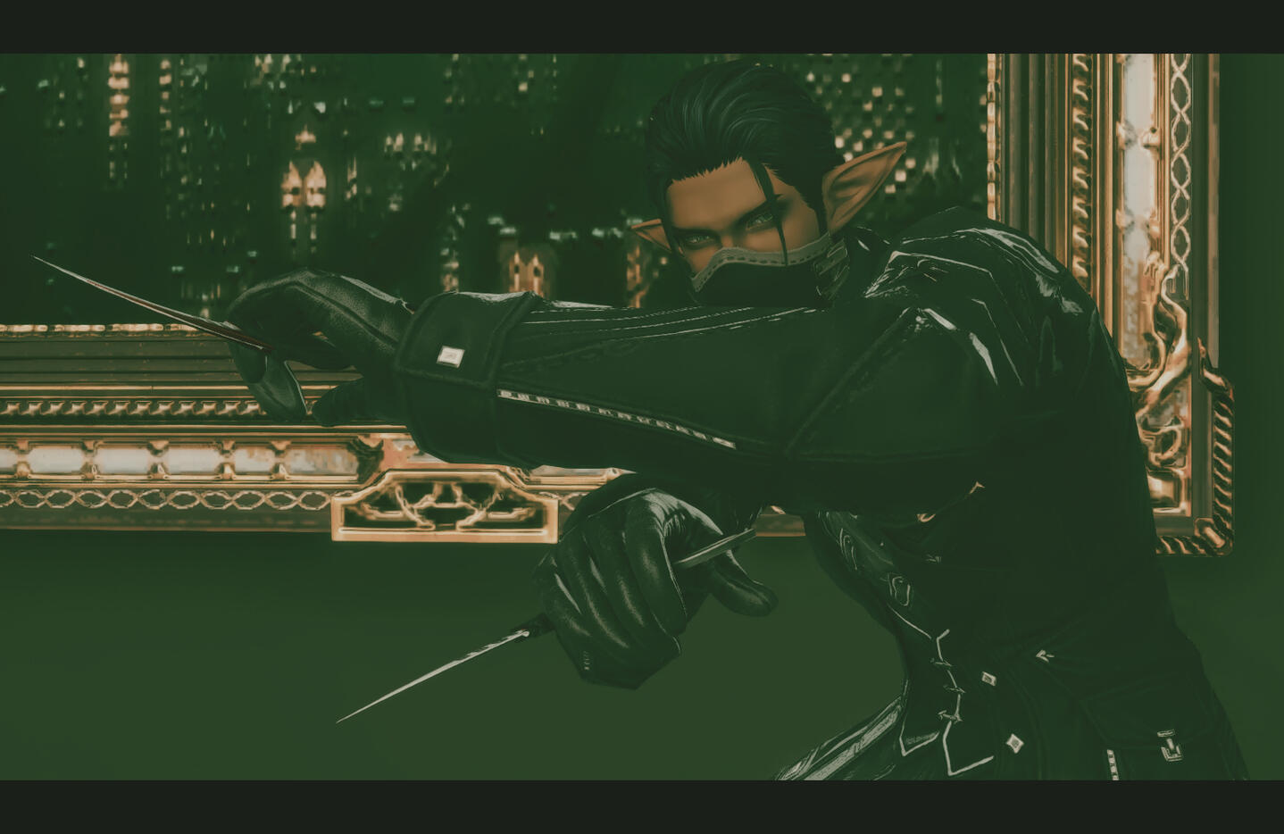 Silvaire Liautroix Male Elezen with the lower half of his face covered and holding a pair of Karambits